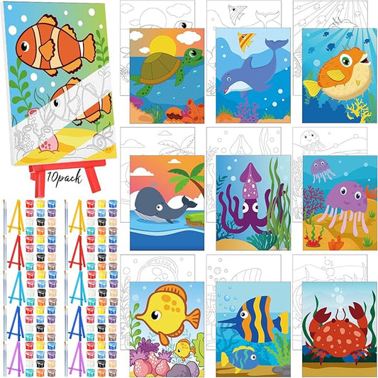 Blosssound 10 Set Pre Printed Canvas Pre Drawn Canvas Painting with Easel Kits 5" x 7" Outline Painting Panels for Beginners, DIY Craft Project, Party Favor, Home Decors(Ocean)