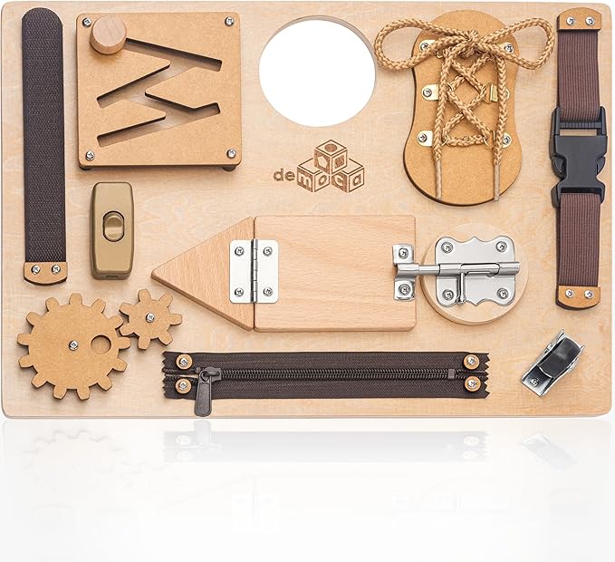 Montessori Busy Board for Toddlers, Premium Wooden Toddler Busy Board for 1 2 3 Year Old with 10 Educational Activities for Fine Motor Skills, Sensory Activity Toy for Travel, Gift for Boys & Girls