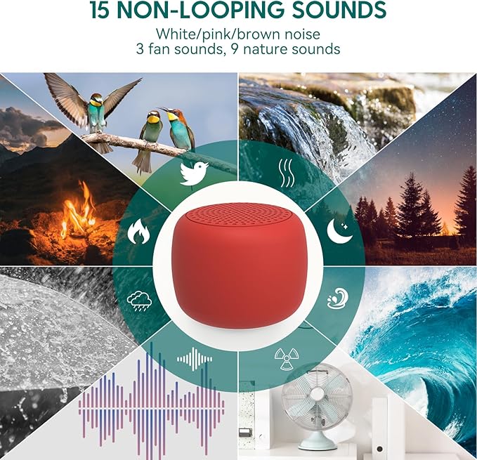 Babelio White Noise Sound Machine for Adults Kids Baby, Mini, 15 Non-looping Sounds, Timer, Memory Function, Easy to Pocket and Travel Red