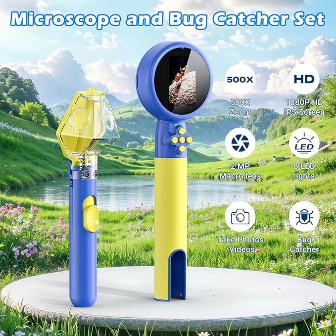 2 in 1 Kids Microscope with Bug Catcher,HD 500X Digital Microscope for Kids with 2" Screen,Photo and Video,STEM Educational Science Kit Learning Toys for Age 3-12 Girls & Boys Birthday Gifts (Blue)