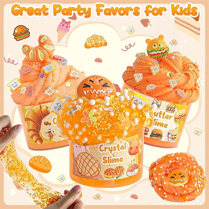 6 Packs Gradient Orange Slime Kit - Cloud Slime, Butter Slime & Clear Slime, Crunchy Slime for Kids with Various Slime Add-ins, Non Stick Slime Party Favors for Girls and Boys, 360ml Kids Slime(Bread)