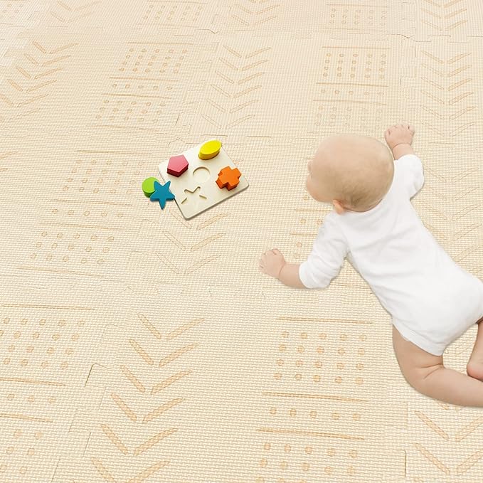 qqpp EVA 18 Tiles Baby Play Mat for Playing, Interlocking Foam Floor Mats for Tummy Time & Crawling, Puzzle Flooring Tiles with Laser Pattern for Kids. Beige. QL-91(J) b18N