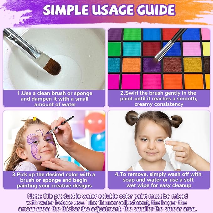 Professional Face Painting Kit for Kids – 54 Color Water Activated Facepaint Makeup Kit, Non-Toxic face Paint with Stencils, Gems, Brushes– for Halloween, Parties, Carnival, School Event & Festivals