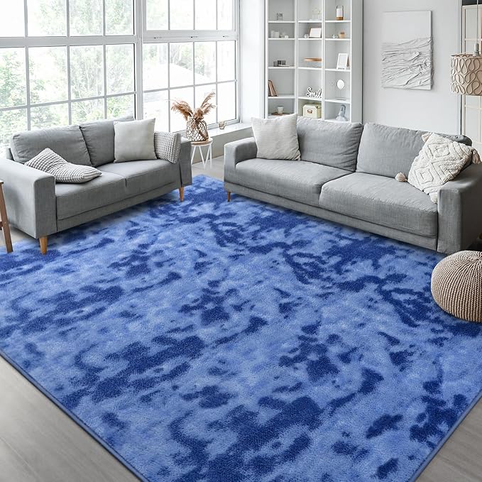 Kimicole 7x10 Washable Area Rugs for Living Room Bedroom, Large Low Pile Ulta-Thin Solid Color Rug, Non-Slip Soft Fluffy Carpet for Nursery Kids Room Dorm Room Home Decor (Blue)