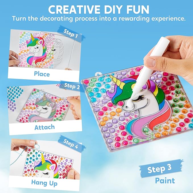 Klever Kits 4PCS Window Art, 2-in-1 Gems and Gels Suncatcher, 2 Ways to Play Diamond and Gels, Arts & Crafts Toys for Boys Girls, Christmas Birthday Gifts for Kids Age 6 and Up