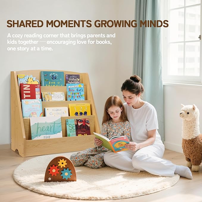 TOETOL 4-Tier Kids Bookshelf - Toddler Book Display Shelves for Classrooms, Playrooms, and Nursery - Wooden Children Book Rack (Natural)
