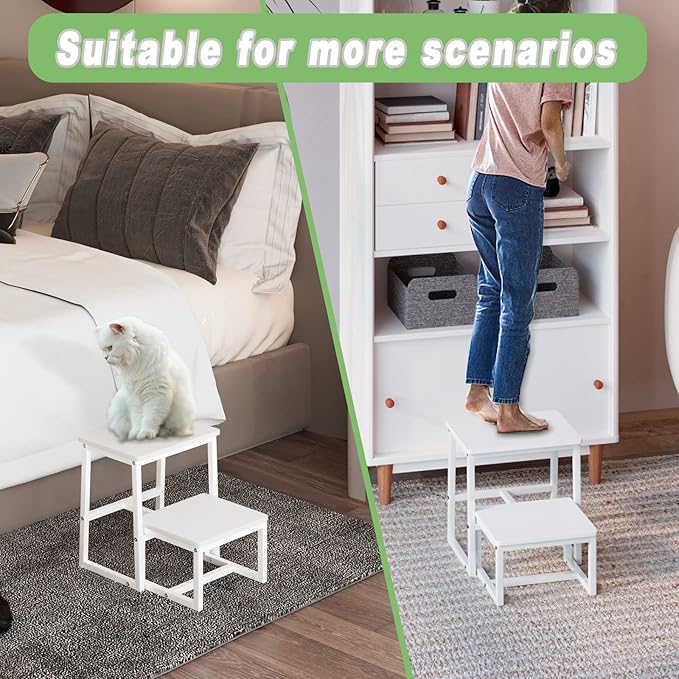 Step Stool for Adults & Kids,Holds up to 500Lb,3 in1 Heavy Duty Sturdy 2 tair Wooden StepStool for Kichen/Bathroom/High beds, Metal Frame, Non-Slip Pads