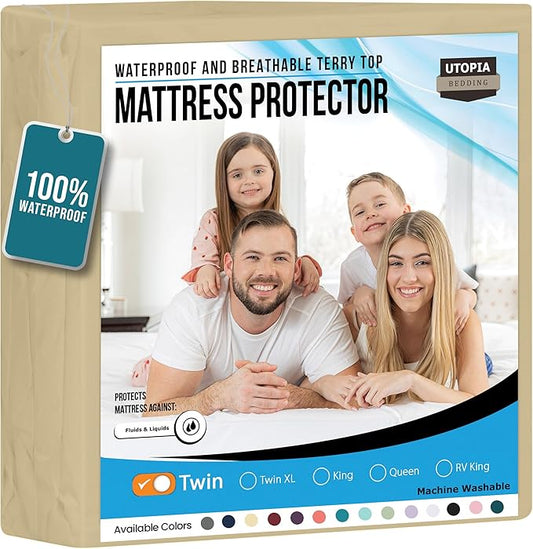 Utopia Bedding Waterproof Mattress Protector Twin Size, Premium Terry Mattress Cover 200 GSM, Breathable, Fitted Style with Stretchable Pockets (Beige)
