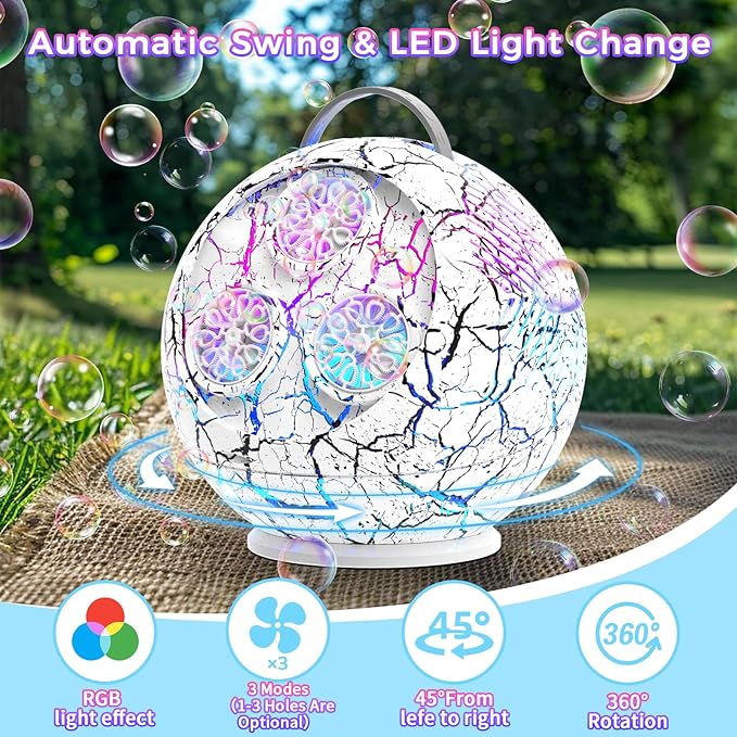 Bubble Machine Automatic Bubble Blower for Kids Toddlers Rechargeable Portable Spherical LED Bubble Maker Electric Auto Rotating 45°/360° Outdoor Toy Birthday Party Wedding (Spherical Crackle White)