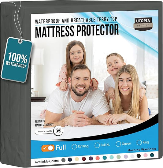 Utopia Bedding Waterproof Mattress Protector Full Size, Premium Terry Mattress Cover 200 GSM, Breathable, Fitted Style with Stretchable Pockets (Gray)