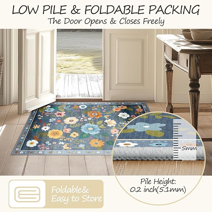 Floral 2x10 Area Rug Machine Washable Soft Print Boho Carpet Non Slip Doormat Low Pile Flower Area Rugs for Living Room Bedroom Nursery Kitchen Dining Room Indoor-Blue/Grey