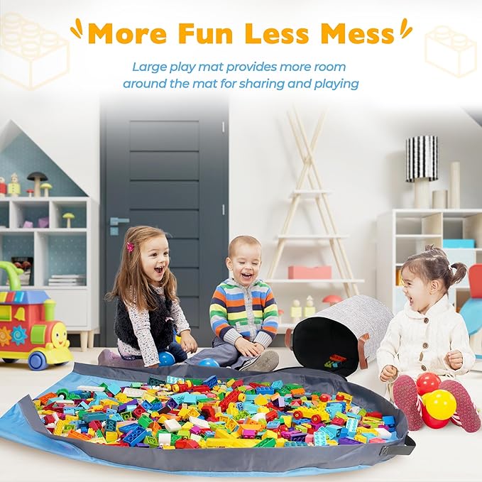 SAM AND MABEL XXL Toy Storage Organizer with Play Mat – 15" x 15" x 16" Storage Bin for Kids Playroom, Foldable Fabric Bag and Basket for Nursery (Gray)