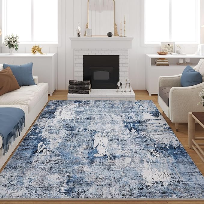 8x10 Rug Washable Boho Rug Soft Large Area Rug Non-Slip Non-Shedding Faux Wool Vintage Rug for Living Room, Farmhouse, Dining Room, Indoor, Kids Playroom, Blue