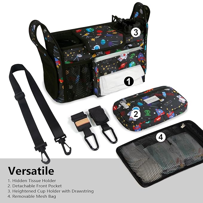 TOPDesign Universal Baby Stroller Organizer, Stroller Caddy with Detachable Mesh Bag & Heightened Insulated Cup Holders & Non-Slip Secure Hooks Accessories, Fits Most Strollers (Space Exploration)