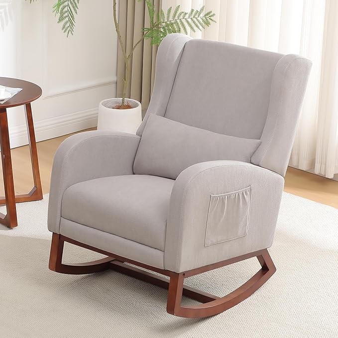 Rocking Chair Nursery, Nursery Rocking Chairs with Foot Rest, Comfy Glider Rocker Nursing Chair with High Back for Nursing, Living Room, Bedroom, Light Grey