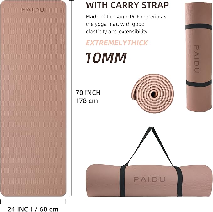Yoga Mat Non Slip Anti-tear,extra thick-2/5 inch（10MM）High Resiliency Professional POE Yoga Mats for Women Men Kids,72"x24"inch,Workout, Yoga, Pilates and Floor Exercise, with Carrier Strap