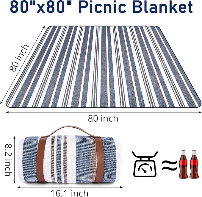 Striped Picnic Blankets 80” x 80” Extra Large Waterproof and Foldable Beach Blanket, Oversized Blue and White Outdoor Blanket for Camping, Travel, Park, Grass, Patio (Blue & Brown, 80" x 80")