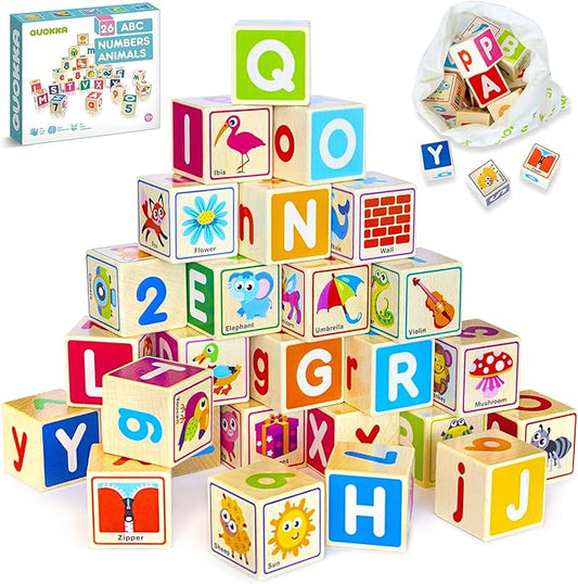 QUOKKA Wooden Blocks for Toddlers 1-3 - 26 ABC Learning Baby Blocks for Kids 3-5 Year Olds Stacking Alphabet Wood Toys for 2-4 yo - Educational with Letters Numbers
