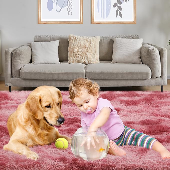 Luxury 4x6 Area Rug, Ultra Soft Rugs for Living Room, Plush Carpet Rugs for Bedroom, Non-Slip Indoor Rug for Nursery, Study Room, Playroom, Home Decor, Tie-Dyed Dark Pink