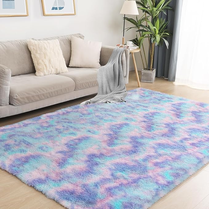 Rainbow Rug for Girls Room, 3x5 Fluffy Area Rugs for Bedroom, Colorful Kids Rug Cute Anti-Skid Indoor Carpet for Nursery, Living Room, Playroom, Home Decor