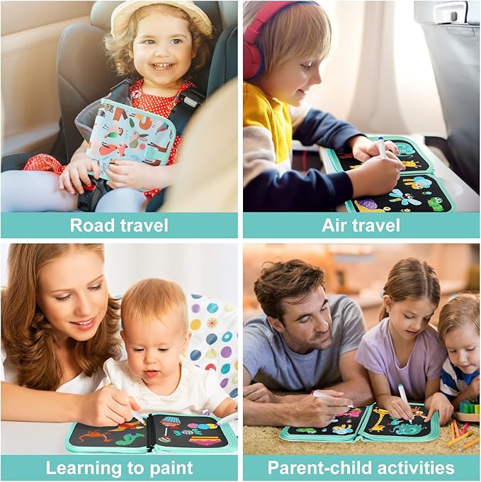 Erasable Doodle Set for Kids - Reusable Magic Drawing Book with 12 Watercolor Pens 14 Page Drawing, Road Trip Car Game Writing Painting Set for Boys and Girls (Foxes)