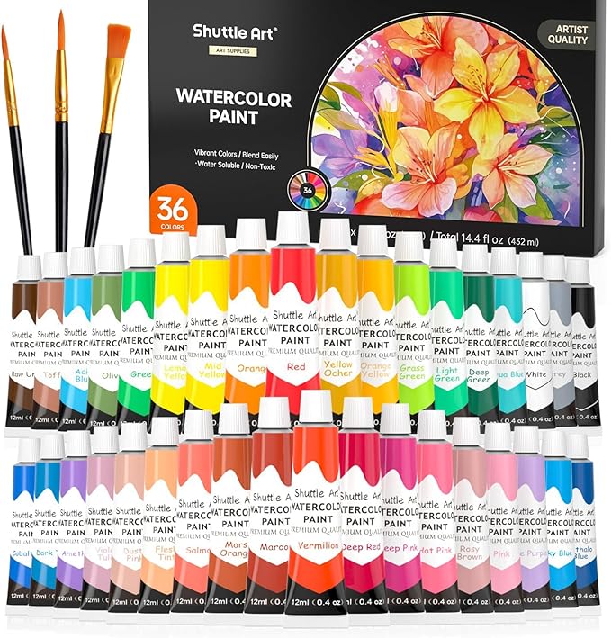 Shuttle Art Watercolor Paint Set, 36 Colors Watercolor Paint in Tubes (12ml Each) with 3 Brushes, Rich Pigment, Easy to Blend, Perfect for Kids, Artists, Beginners, Students
