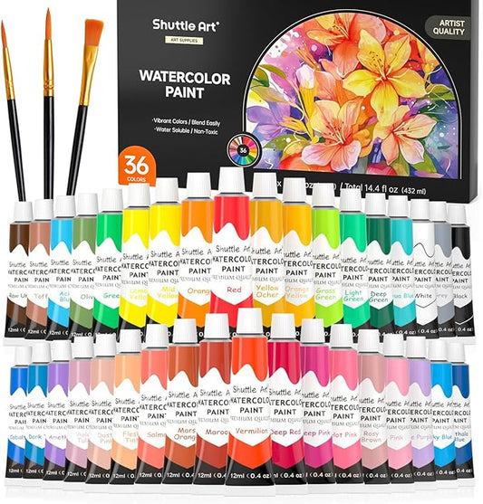 Shuttle Art Watercolor Paint Set, 36 Colors Watercolor Paint in Tubes (12ml Each) with 3 Brushes, Rich Pigment, Easy to Blend, Perfect for Kids, Artists, Beginners, Students