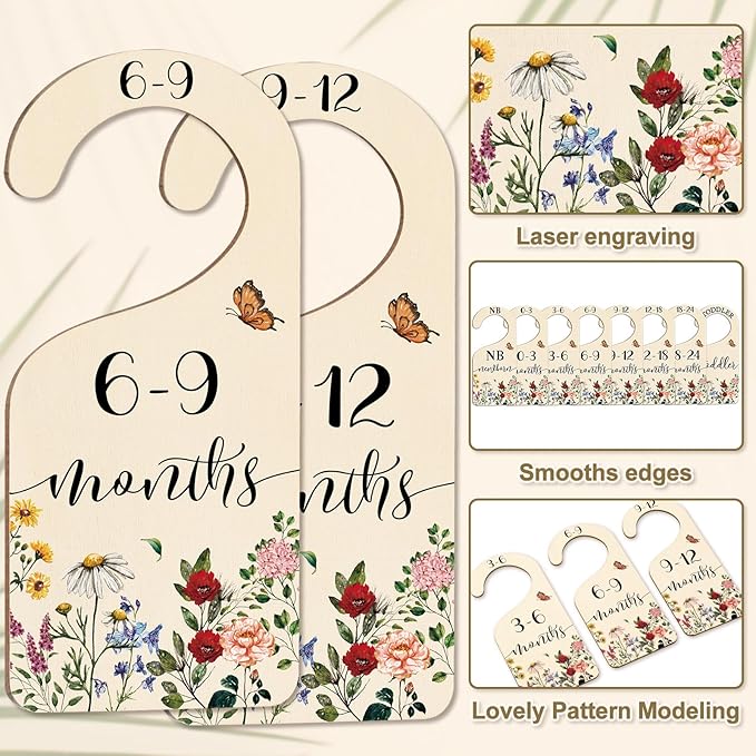 Whaline 8Pcs Vintage Wildflower Hanging Wood Baby Closet Size Dividers and Organizer - Newborn to 24 Months - Thicken Wardrobe Organizer for Home Nursery