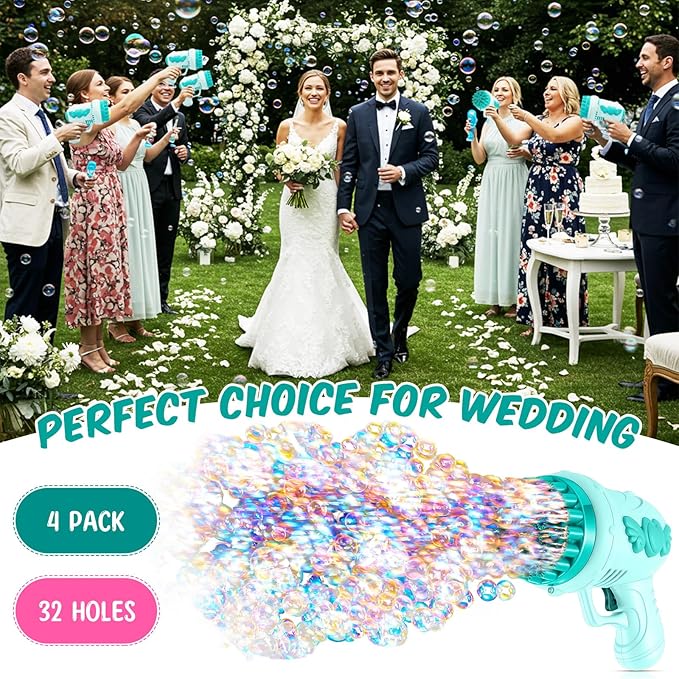 ShinyRelief 4 Pack Wedding Bubble Guns 32 Holes with Light, 4 Bottles Solution, Romantic Bubble Maker for Outdoor Ceremony, Wedding Party Favors, Photo Props, Reception Entertainment (Green)