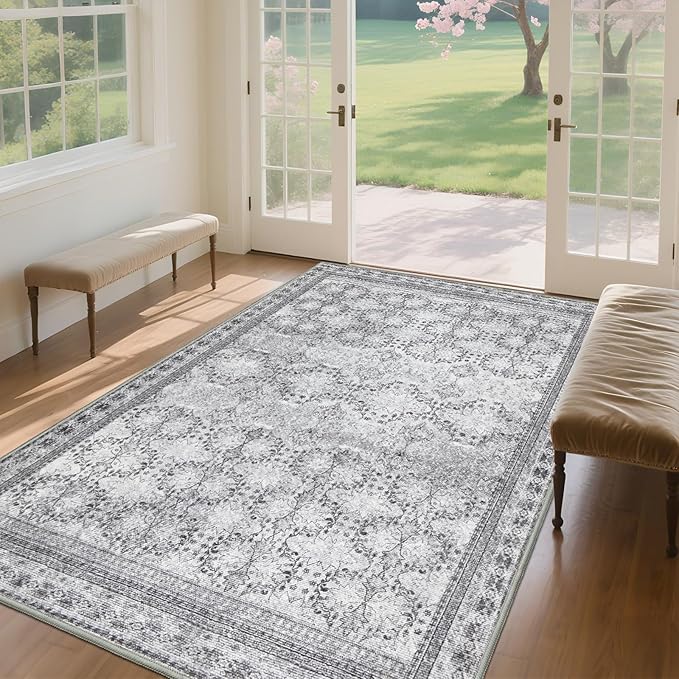 Large Faded Gray 8x10 Washable Area Rug for Living Room, No Shedding Vintage Floral Print Rugs Non Slip, Indoor Foldable Thin Retro Accent Carpet for Bedroom Farmhouse Dining Room