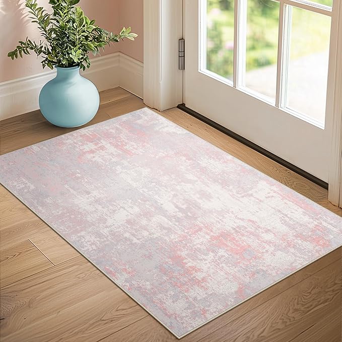 Washable Area Rugs 3'x5' Non-Slip Modern Abstract Soft for Living Room Entryway Bedroom Nursery, Print Pattern, Grey Pink