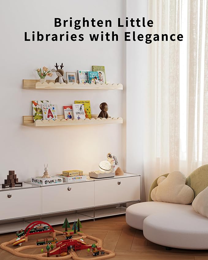 Nursery Book Shelves, 4-Pack Wood Floating Shelves for Wall Kids, Scalloped Shelves, Wall Book Shelves for Bedroom Kids, Toddler Room, Baby Room, Nursery Decor (Wood, 23 Inches)