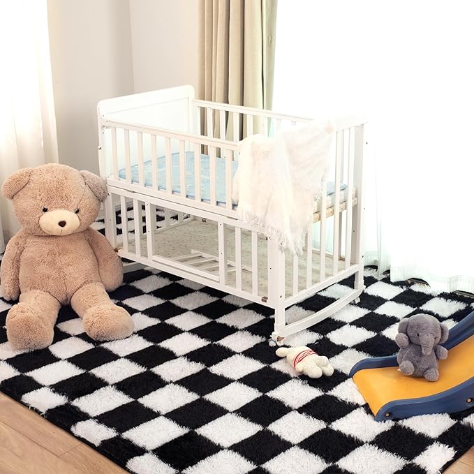 Super Soft Rug for Bedroom, 5x8 Ft Black and White Area Rug Classic Checkered Shaggy Anti-Skid High Pile Soft Fluffy Rug Fuzzy Carpet for Living Room Bedroom Kids Room Nursery, Dorm Home Decor