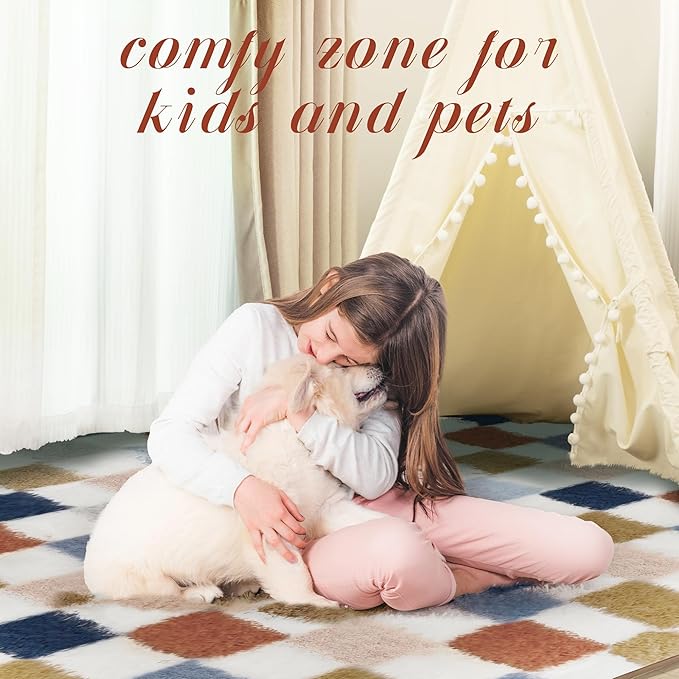 Super Soft Rug for Bedroom, 8x10 Ft Rainbow Area Rug Classic Checkered Shaggy Rug Anti-Skid High Pile Soft Fluffy Fuzzy Carpet for Living Room Bedroom Kids Room Nursery, Dorm Home Decor