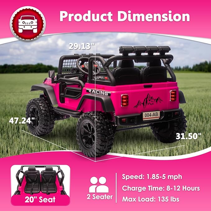 Sopbost 24V 7Ah 2 Seater Ride On Truck Ride On Toy for Big Kids Ride On Car with Remote Control Off-Road Electric Car with Shock Absorber, LED Lights, Bluetooth Music Player, EVA Tires, Pink