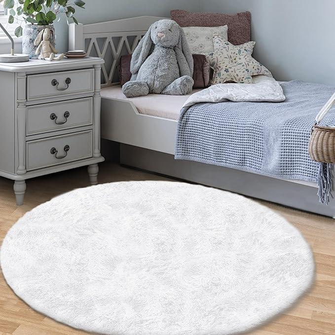 4FT Round Rug for Bedroom: Fluffy Shag Soft Washable Rugs Circle Small Fuzzy Plush Indoor Carpet for Living Room Nursery Playroom Dorm Kids Girls Boys Room (White, 4'x4')
