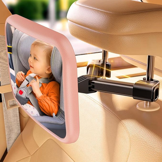 Car Mirror for Baby - Hook Clip Design, Never Shake Car Seat Mirror, Rear Facing, Easy Install, Back Seat Crystal Clear View, ShatterProof Tested - Pink