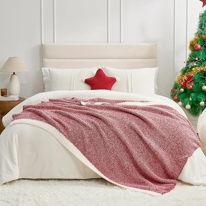 Snuggle Sac Christmas Red Blanket Twin Size, Ultra Soft Warm Fuzzy Knit Blanket Throws Dupes for Couch,Sofa, Bed, Heather Red, 60x80 inches