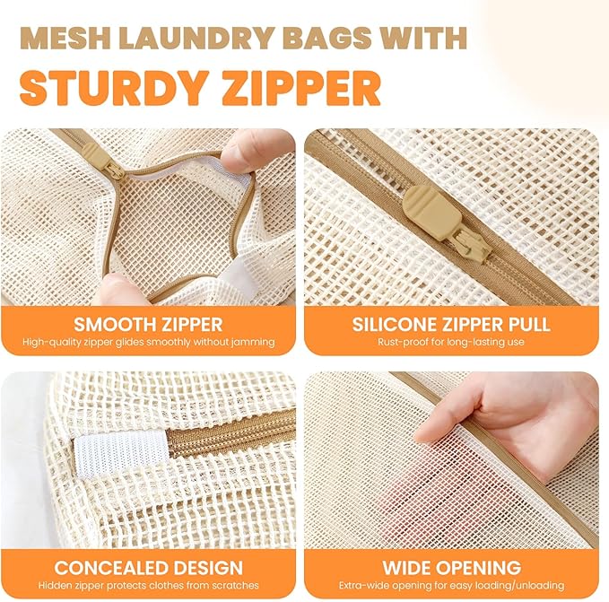 4Pcs Cotton Mesh Laundry Bags for Delicates,Breathable Mesh Garment Bag for Washing Machine,Travel Wash Bags with Zipper for Bras,Underwear,Socks,Baby Clothes,Laundry Dorm Room Essentials(M)