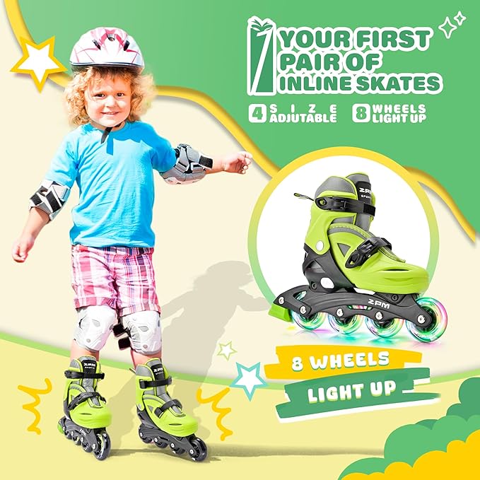 2PM SPORTS Inline Skates with Light Up Wheels, Roller Skates Blades for Boys Girls Kids Ages 5-8 8-12 4-6 6-12, Size Adjustable Beginner Blades Roller Skates