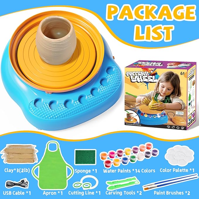 Vinkp Pottery Wheel for Kids - Complete Pottery Painting Kit Arts and Crafts for Kids Ages 8-12 with Air Clay Art Supplies for Girls Boys Toys Birthday Christmas Gifts for 6 7 8 9 10 11 12 - Blue