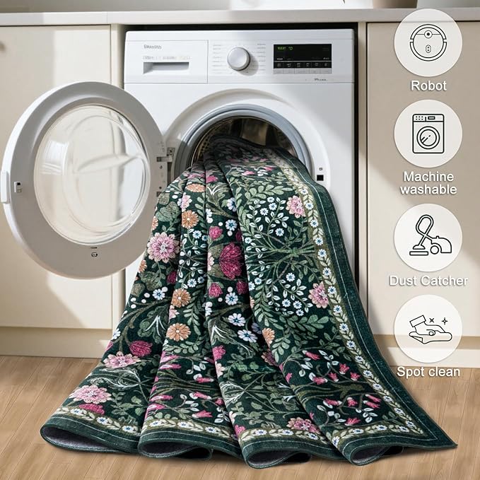 Runner Rug for Entryway: 2x6 Kitchen Rugs Non Slip Washable Ultra-Thin Soft Floral Carpet Indoor Floor Stain Resistant Carpets for Hallway Bedroom Kitchen Laundry Bathroom Dorm Dark Green