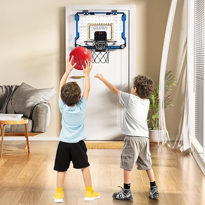 Indoor Basketball Hoop for Kids, Over The Door Mini Basketball Hoops, LED Light Mini Hoop with Scoreboard & 4 Balls, Kids Basketball Hoop Sport Toys Gifts for 5 6 7 8 9 10 11 12+Year Old Boys
