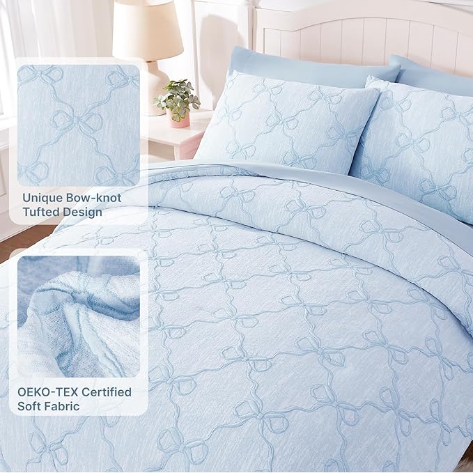Queen Comforter Set with Sheets for Girls-7 Pieces Queen Bedding Sets with Light Blue Comforter, Sheets, Pillowcases & Shams for Kids (Light Blue Bow Knot, 90" X 90")