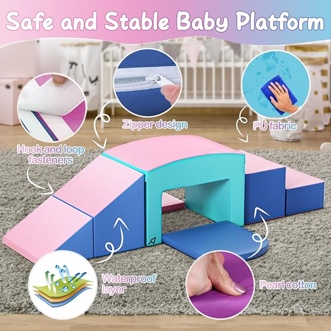 SURPCOS Crawl and Climb Foam Play Set, 6 Pcs Climbing Toys for Toddlers 1-3, Climb and Crawl Activity Playset, Soft Play Equipment Crawling and Sliding (Blue&Pink) 6 peices