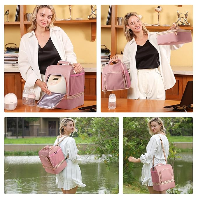 NCVI Breast Pump Bag, Double Layer Removable Pump Bag for Spectra S1, S2, Medela, Breast Pump Backpack with Ice Pack, Insulated Breast Milk Cooler Bag for Working Nursing Moms, Pink