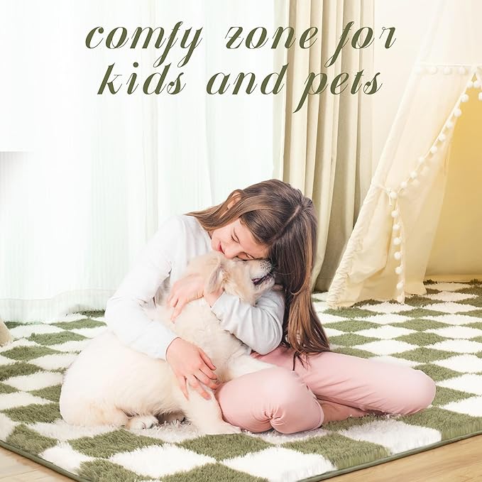 Super Soft Rug for Bedroom, 5x8 Ft Green and White Area Rug Classic Checkered Shaggy Anti-Skid High Pile Soft Fluffy Rug Fuzzy Carpet for Living Room Bedroom Kids Room Nursery, Dorm Home Decor