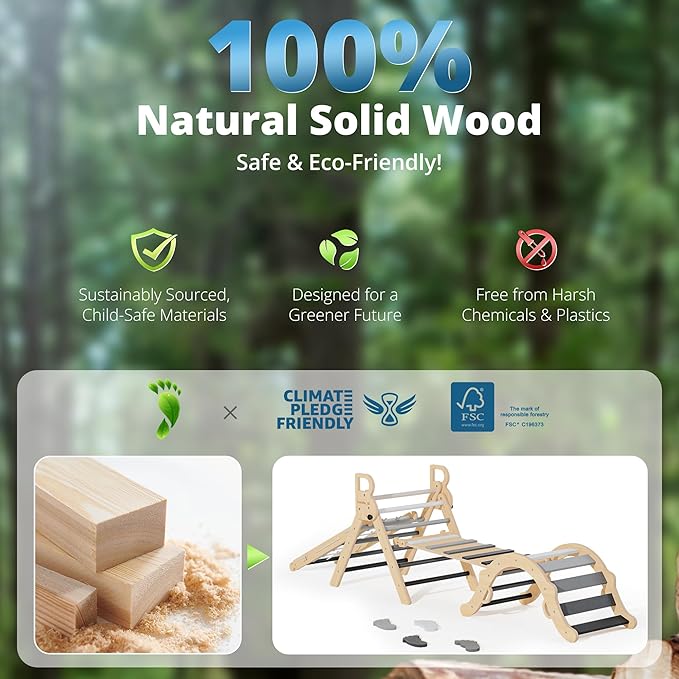 BlueWood 10-in-1 Pikler Triangle Set, Toddler Climbing Toys Indoor, Montessori Climber, Baby Jungle Gyms with Arch, Extra Rope Ladder & Footprint Balance Beam - Grey Twilight