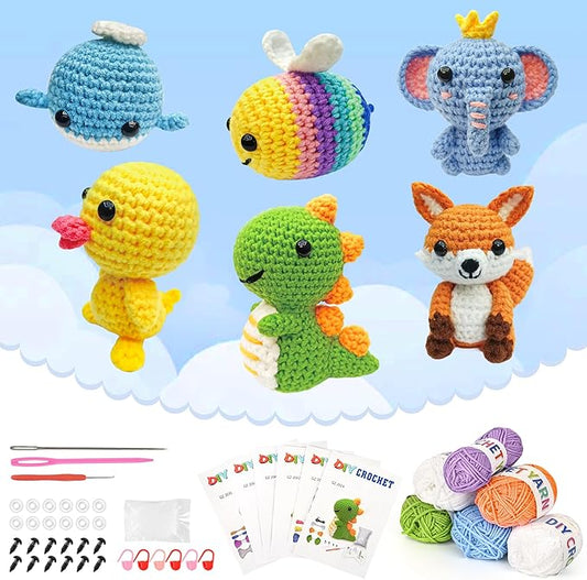 VICWARLWX 6 Pack Crochet Kit for Beginners Kids, Crochet Animal Kit for Kids, Knitting Kit for Beginners, Crochet Starter Kits, Animal Craft Knitting Crocheting Kits with Step-by-Step Video Tutorials