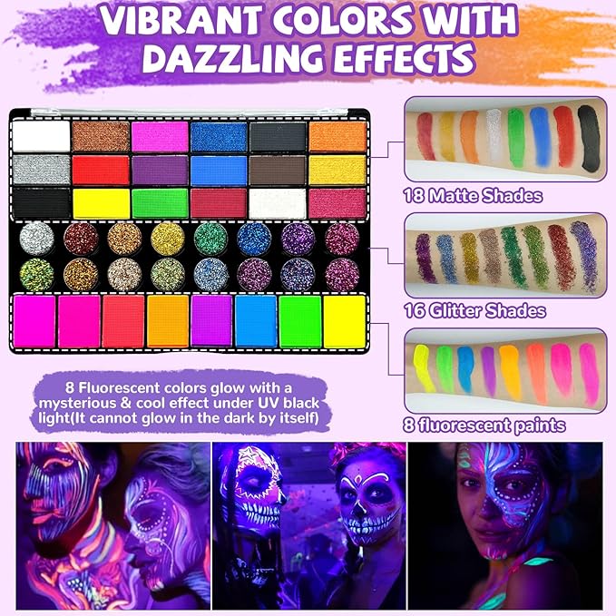 Professional Face Painting Kit for Kids – 42 Color Water Activated Facepaint Makeup Kit, Non-Toxic face Paint with Stencils, Gems, Brushes– for Halloween, Parties, Carnival, School Event & Festivals